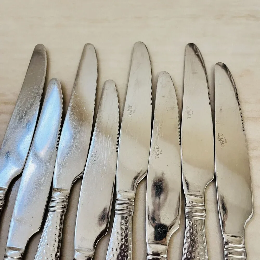 8pc TOWLE Logan Hammer Ring Stainless Hammered Solid Dinner Knives 9 3/8